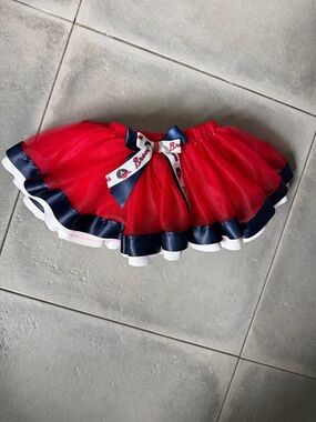 Girls Atlanta Braves Tutu with Red, Navy & White Trim and themed ribbon